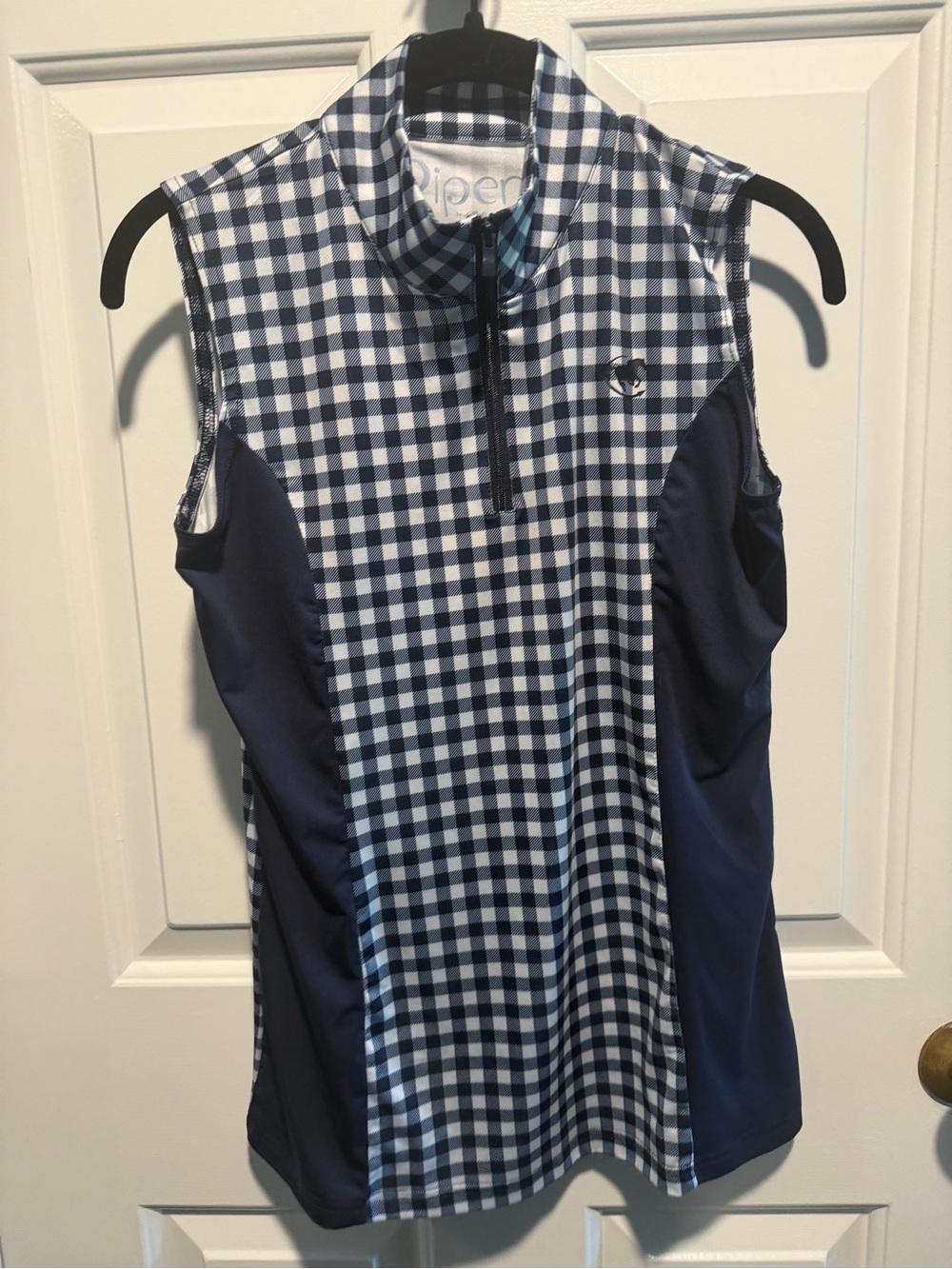 Piper Navy and White Gingham Sleeveless Zip Mock Neck Tank